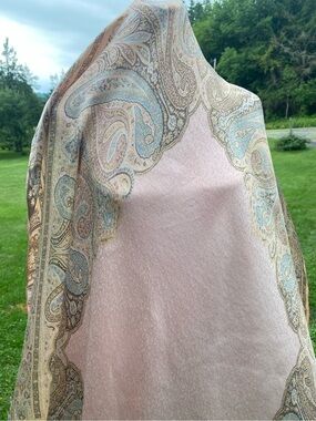 Signature Paisley Print Shawl Scarf in Pale Pink, Brown & Blue